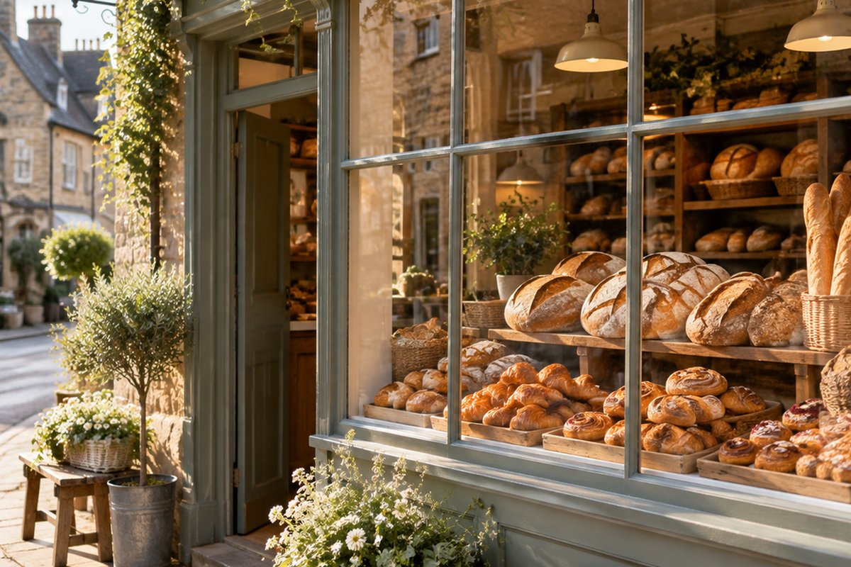 A bakery window full of sourdough loaves and buns
