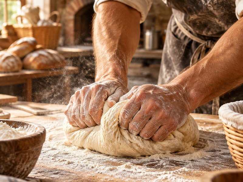 Floury hands kneading a ball of dough on a wooden table